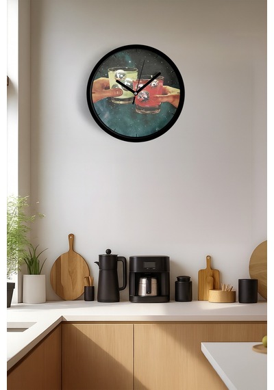 Modern Kokteyl Temalı Duvar Saati - 25cm - Önü Camlı Siyah Kasa - Sessiz Mekanizma-jh0107 Siyah