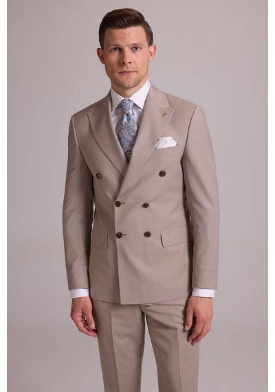 Erkek Krem Slim Fit Kruvaze %100 Yün Takım Elbise