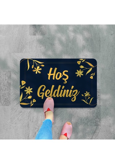 Hoş Geldiniz Yazılır Dekoratif Dış Kapı Önü Ve Iç Mekan Paspası Yıkanabilir Lacivert