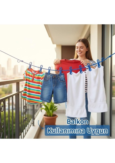 Vios Store Seyahat Tipi Portatif Çamaşır İpi, 12 Mandallı Esnek Kamp Askısı, Rüzgara Dayanıklı Kaymaz Balkon V Diğer