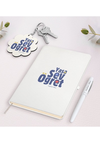 Kişiye Özel Yaşa Sev Öğret Beyaz Defter Kalem Ve Anahtarlık Hediy N11.10661