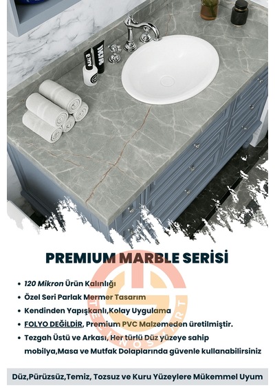Technosmart 60x100cm Kendinden Yapışkanlı Mermer Desen Duvar Kağıdı Kaplama Mutfak Tezgeh Masa Folyo