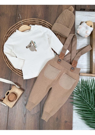 Bebicix Triko Askılı Koala Temalı Kaşkorse Esnek Badili Bereli Unisex Bebek Takım Sütlü Kahve