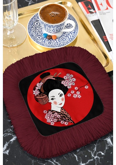 Lüks Japon Geisha Sanatı Püsküllü Sunum Peçetesi - Uzak Doğu Modern Bordo Bardak Altlığı Mendil Çok Renkli