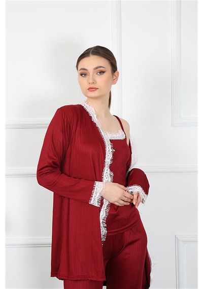 İbrahim Burak Etiler Collection Moda Çizgi Kadın 3'lü Bordo Sabahlık Takım 16108
