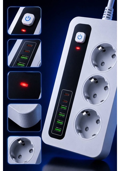 3000w Akıllı 3'lü Priz Usb' Li Uzatma Kablo - 4 Usb + 2 Type-c Hızlı Şarj 2 Mt Uzatma Kablo 2 - 5 M