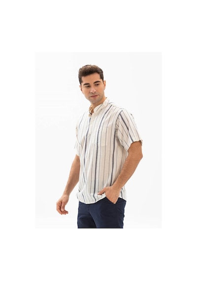 Kısa Kol Şile Bezi Hakim Yaka Erkek Tshirt Ekru Gri Çizgili 3028