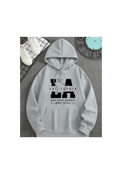 Herkesemoda California Baskı Detaylı İçi Polarlı Kapüşonlu Sweatshirt Gri