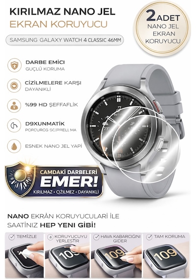 Samsung Galaxy Watch 4 Classic 46mm Uyumlu Nano Jel Ekran Koruyucu 2 Adet Darbe Emici Tam Kaplayan