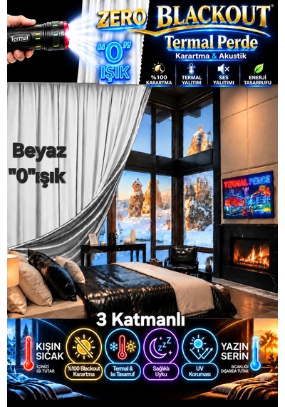 Silver Termal Akustik Blackout Perde Kumaşı - Metre - Işık Geçirmez Isı Yalıtımlı - Beyaz