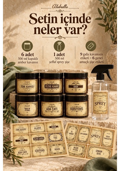Alubrella 500 Ml 6 Kapaklı Kavanoz Ve 1 Şeffaf Boş Sprey Şişe Mutfak Düzenleme Seti Amber