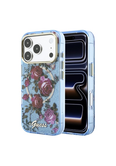 Apple iPhone 18 Pro Uyumlu Kılıf Guess Lisanslı M-safeli Gül Desenli Simli Yazı Logolu Kapak Açık Mavi