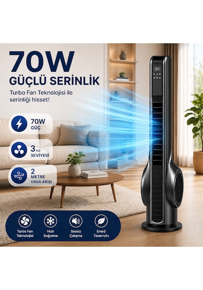 Turbo Akıllı Fan 70w Uzaktan Kumandalı Kule Vantilatör, Aromaterapi Özellikli, Dokunmatik Led Ekranlı, 3 Hız Kademeli, 3 Modlu, 12 Saat Zamanlayıcılı, Sessiz Çalışma, Salınımlı Fan
