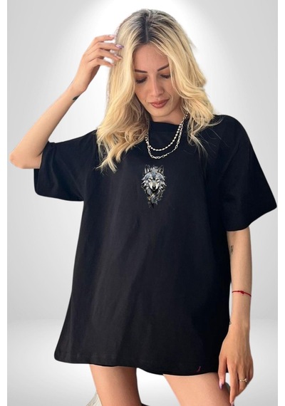 Beyaz Kurt Siyah Oversize Unisex Ön Orta Minimal Baskılı Tişört Siyah