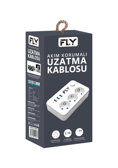 Fly 3406-01, 3 Soket, 3 Usb, Akım Korumalı Priz, 2.1a, Anahtarlı, 2mt Kablo, Beyaz Diğer