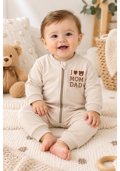 Beniizle Baskılı Unisex 3 İplik Şardonlu Fermuarlı Bebek Tulum Ekru