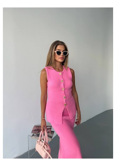 Kechi Woman Gold Aksesuarlı Etekli Triko Takım Pembe