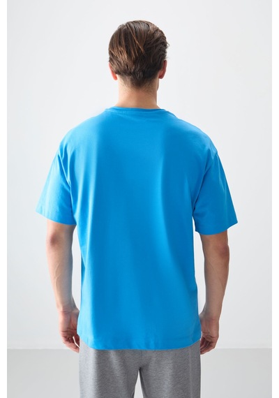 Air Jones Tommy Life Petrol Mavi %100 Pamuk Kalın Yumuşak Dokulu Oversize Fit Basic Erkek T-shirt - 88353 Petrol Mavi