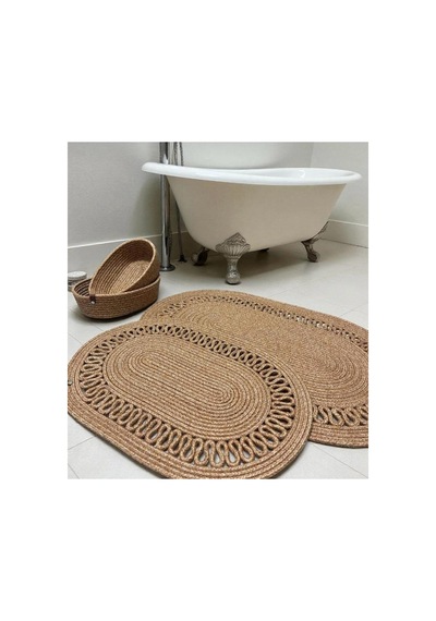 Oval Örgü Banyo Paspası Hasır Görünümlü Dekoratif Kaymaz Banyo Paspası 2 Adet Dekoratif Kutu Hediye Bej Bej