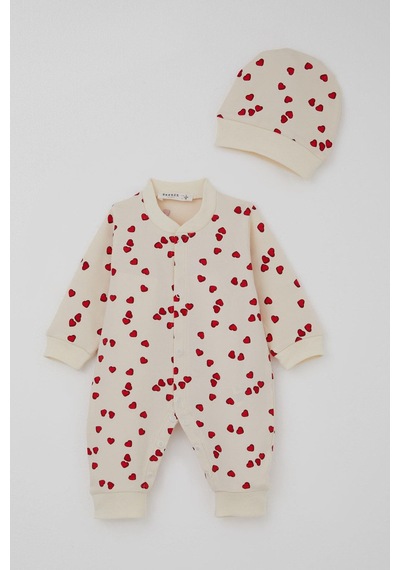 Breeze Kız Bebek Tulum Sevgi Temalı Kalp Desenli 0-6 Ay, Krem Krem