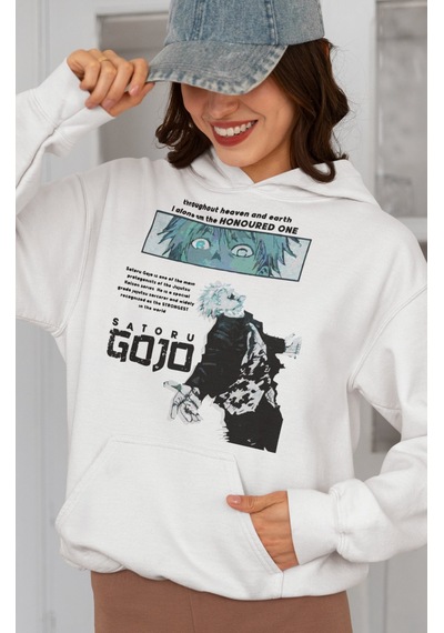Sevbano Tasarım Gojo Satoru Baskılı Unisex Oversize Anime Karakter Hoodie beyaz