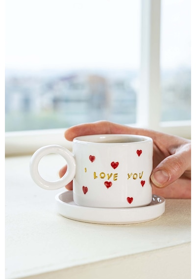 Rivaistanbul I Love You Amore El Yapımı Seramik Double Kahve Fincanı Mug Kupa Krem