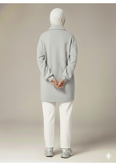 Afri 3 İplik Şardonlu Gri Oversize Fermuarlı Tunik Sweatshirt - Günlük Spor Elbise Gri