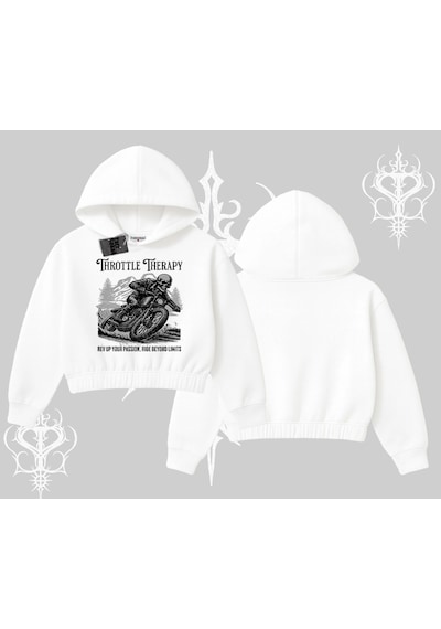 Startmore Kapşonlu Crop Sweatshirt Throttle Therapy No Brakes Just Freedom Beyaz