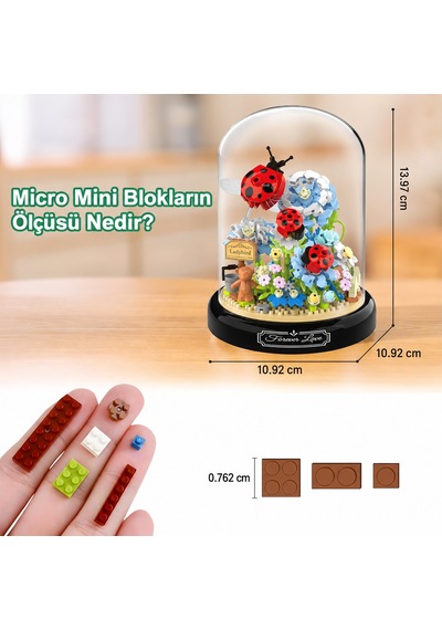 Uğur Böcekli Fanuslu Çiçek Bricks 596 Parça Mini Blok Yapım Seti Dekoratif Çiçek Buketi