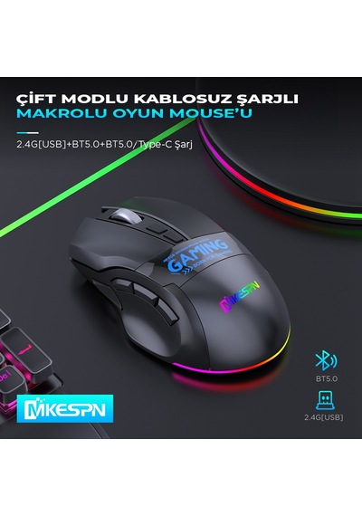 Mkespn W10 Dual Mode Rgb Gaming Mouse 2.4 Ghz Bluetooth 2400 Dpı 9 Tuş Makro 500hz Siyah Diğer