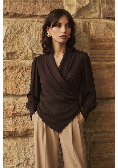 Sateen Çizgi Desenli Kruvaze Bluz - Bitter-137842 Koyu Kahverengi
