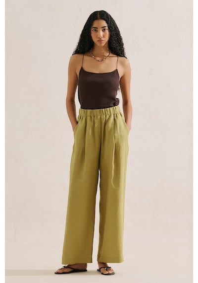 Manuka Keten Geniş Paça Pantolon Yağ Yeşili Ss26pnt00039-187