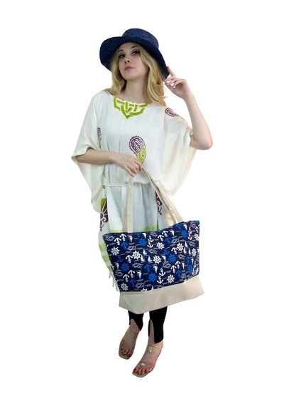 Kadın Plaj Çantası Ve Şapka Takım - Bay Şapkacı Lacivert