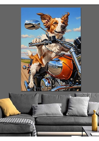 Ahşap Tablo Motosiklet Süren Köpek Resmi