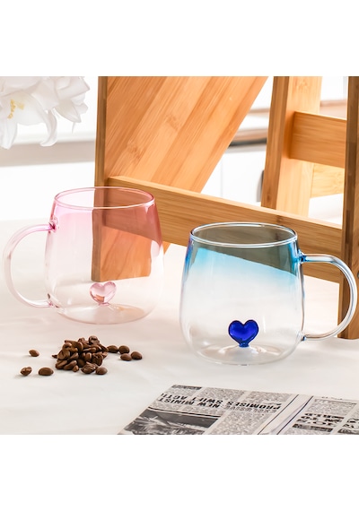 Porsima Pbt-707 Dream Love Hearts - 400ml Romantik Kalp Tasarımlı 2'li Renkli Borosilikat Cam Kupa Seti Şeffaf