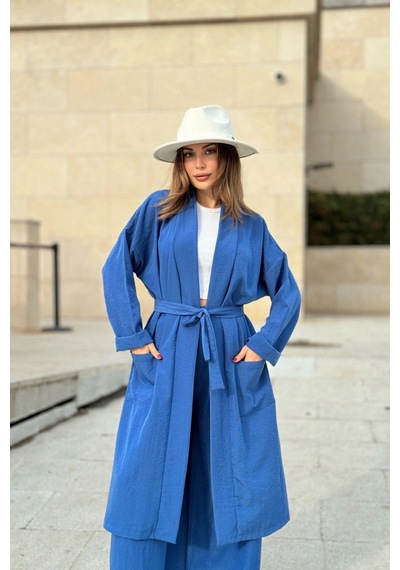 WeShaya Kadın İndigo Çift Cepli Uzun Kimono & Bol Paça Pantolon - Salaş Alt & Üst Takım Indigo