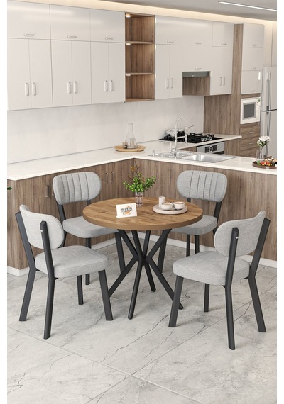 Gnr 90cm Sabit Atlantik Mutfak Masası Takımı, Yemek Masası, 4 Modern Gri Sandalye Gri