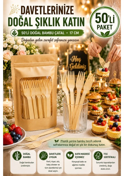 50'li Doğal Bambu Çatal 17 Cm Kullan At Parti Davet Piknik Baby Shower İkramlık Sunum Seti