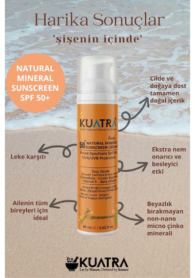 Kuatra Doğal Mineral Bebek-Çocuk-Yetişkin Koruyucu Güneş Kremi SPF50+ 80 ML