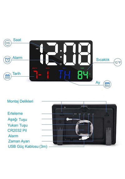 Yenilz Dijital Duvar Saati Renkli Hd Led Ekran 25x16 Cm Tarih Gün Siyah