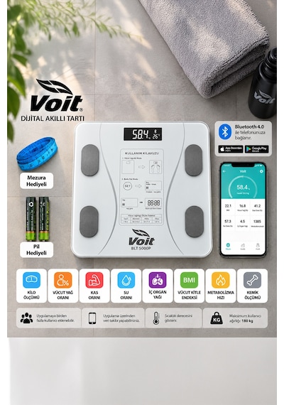 Voit Blt5000 Bluetooth Baskül - Dijital Akıllı Tartı - Yağ Ölçer Tartı - Pil Ve Mezura Hediyeli Tartı - Beyaz