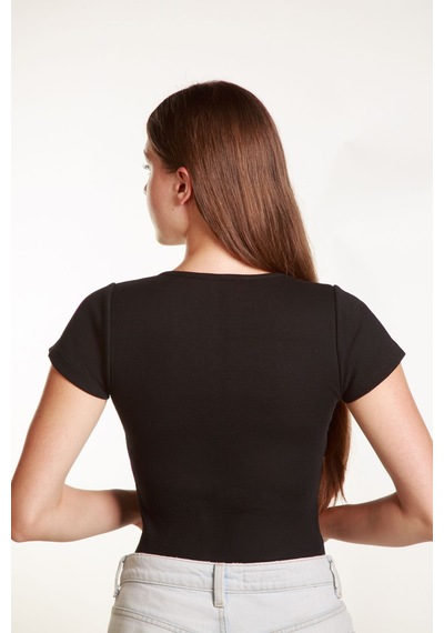 Mea Capio Kadın Basic Fitilli Likralı V Yaka Kollu Tshirt Atlet Bluz Siyah