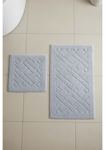 Geometrik Desenli Pamuklu 2 Li Banyo & Klozet Paspas Takımı Gri