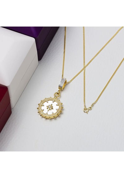Pusula Model Sedef Taşlı Yıldız Detaylı Gold Rengi 925 Ayar Gümüş Kadın Kolye Gold