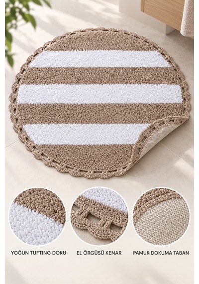Alanur Bodrum Tufting Cotton Pamuklu El Işi Örgülü 90 X 90 Cm Paspas 112 Beyaz - Kahve