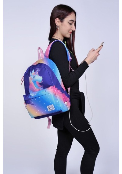 Coral High Renkli Unicorn Desenli Sırt Çantası - Okul ve Günlük USB+AUX Soketli 23430
