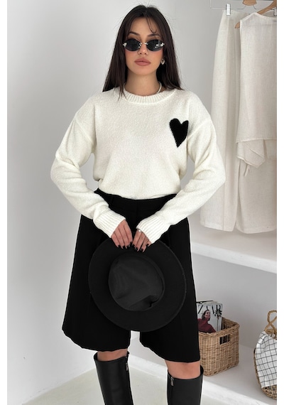 Noa & Noa Kadın Kalpli Kalın Triko Kazak Oversize & Minimal Romantik Stil Beyaz