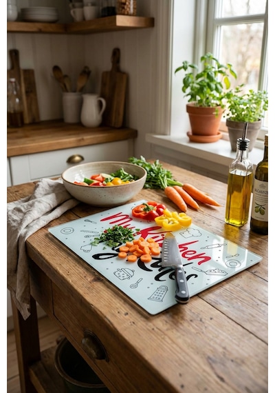 Makri Home My Kitchen My Rules Yazılı Desenli Cam Kesme Tahtası Temperli Cam, 25 35 Cm Çok Renkli