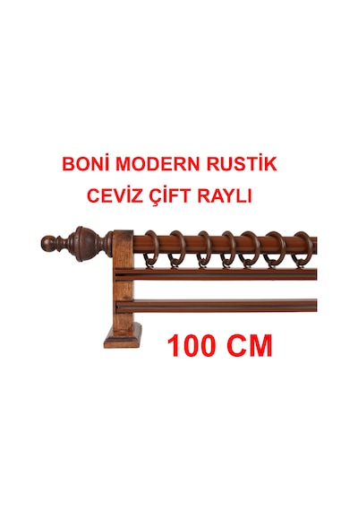 Boni Modern Rustik Ahşap Rustik Perde Askısı Çift Raylı-ceviz 100 Cm Ceviz