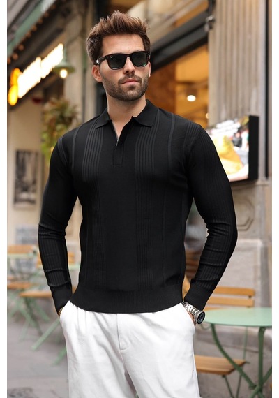 Madmext Siyah Polo Yaka Slim Fit Erkek Triko Kazak E7527